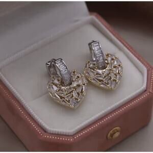 14k Gold Plated Gold Silver Tone CZ Convertible Huggie Hoop Earrings Dangle